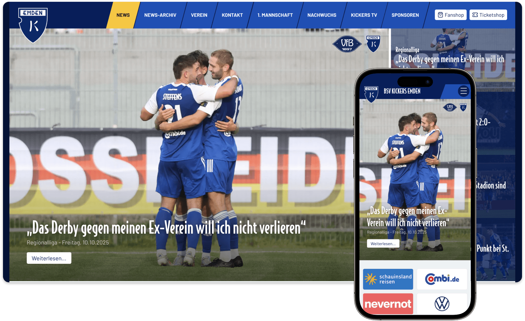 Website und App der Kickers Emden, umgesetzt mit ClubShare