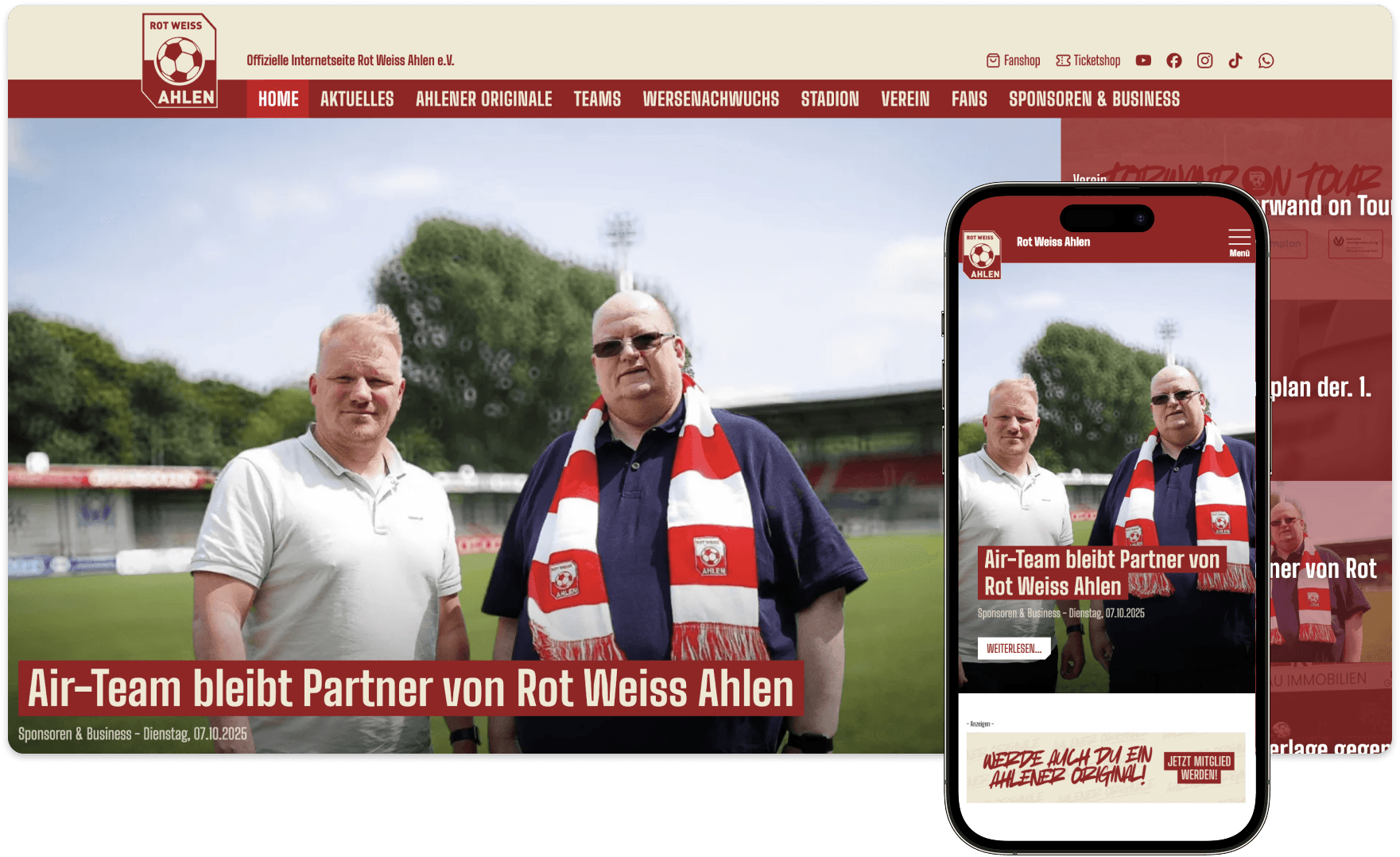 Website und App von Rot Weiss Ahlen, umgesetzt mit ClubShare