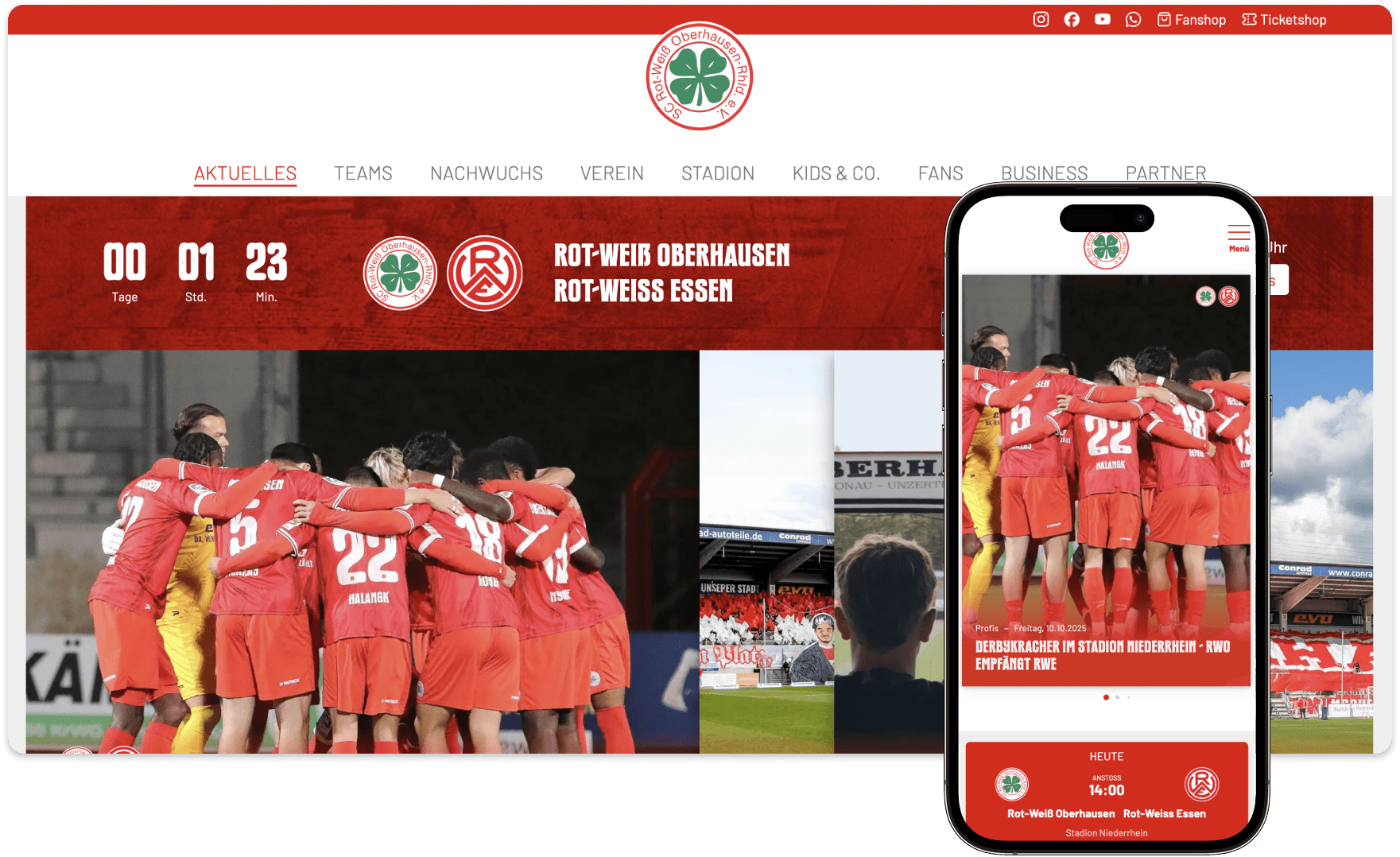 Website und App von Rot-Weiß Oberhausen im Vereinsdesign, umgesetzt mit ClubShare